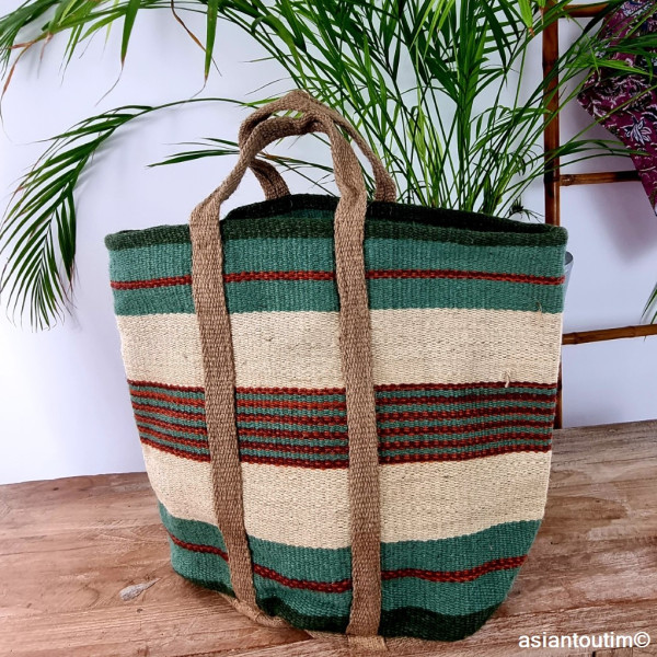 Maxi Cabas Jute Tissé Main Rayé Vert, Ivoire et fil Rouge