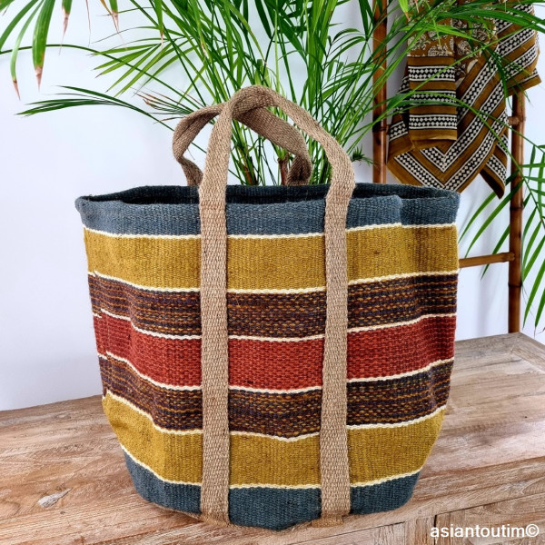 Maxi Cabas Jute Tissé Main  Rayé Multicolore