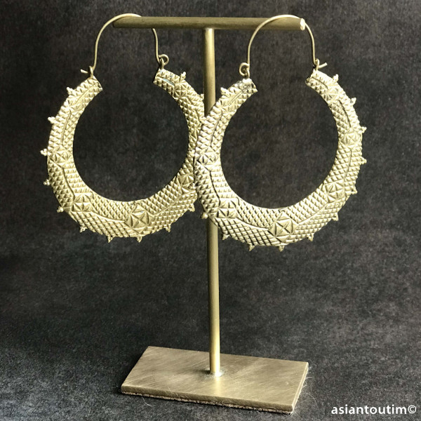 Créoles en laiton, Boucles d'oreilles bohème en laiton, Boucles d'oreilles ethnique