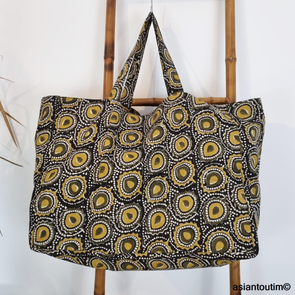 Maxi Cabas Beach Noisette Coton Fleuri  Hand Block by Asiantoutim
