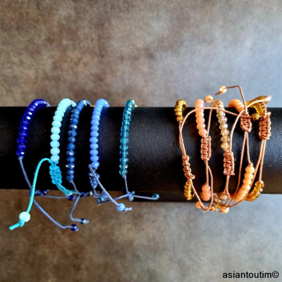 5 Bracelets Beige ou Bleu Charm de Perles et Coton Réglables by Asiantoutim