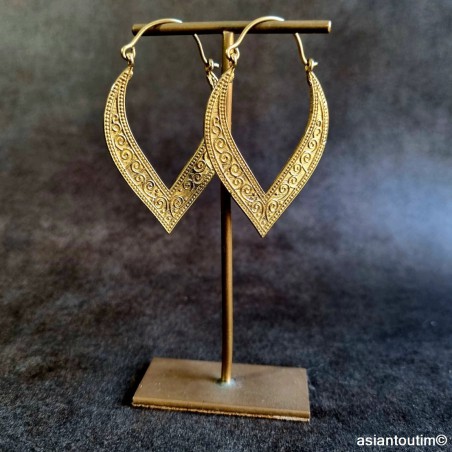 Boucles d'oreilles ovales en laiton, Boucles d'oreilles tribales en laiton, Boucles d'oreilles ethniques